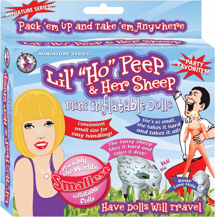 Lil Ho Peep and Her Sheep from Nasstoys of New York. Miniature series pack them up and take them anywhere. Have dolls will travel. Party favorites. Possibly the word's smallest inflatable doll. Lil Ho Peep and Her Sheep Mini Inflatable Dolls are the ulti