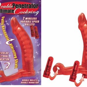 Double Penetrator Ultimate Cock Ring Red. With the Double Penetrator Ultimate Cock ring imagine what you could do if you had two! This cock ring has a uniquely designed tickler dong. While the stretchy vibrating penis ring prolongs your erection it's full