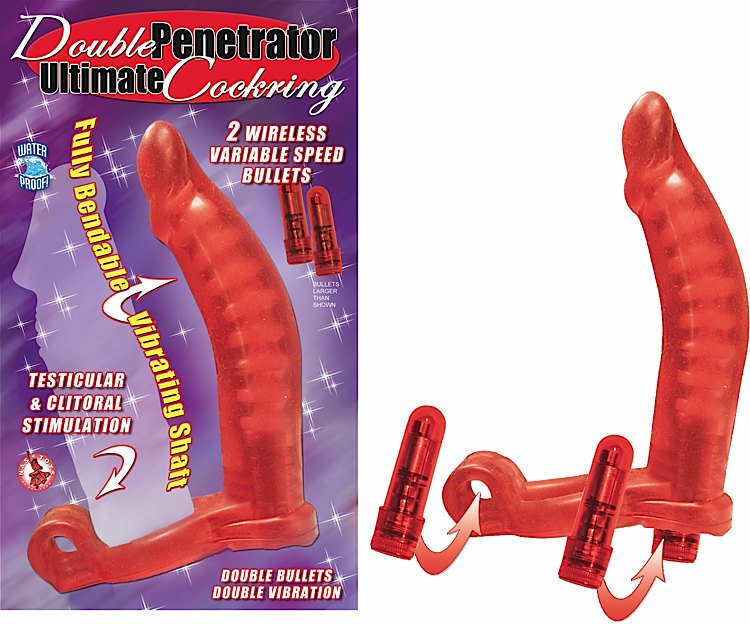 Double Penetrator Ultimate Cock Ring Red. With the Double Penetrator Ultimate Cock ring imagine what you could do if you had two! This cock ring has a uniquely designed tickler dong. While the stretchy vibrating penis ring prolongs your erection it's full