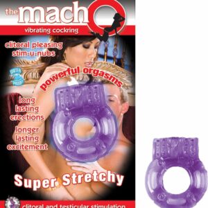 The Macho Vibrating Cock Ring Purple from Nasstoys of New York. The Macho Vibrating Cock ring helps man get long lasting erections and longer lasting excitement. Super stretchy vibrating cock ring with clitoral pleasing stim-u-nubs to tease her clitoris.