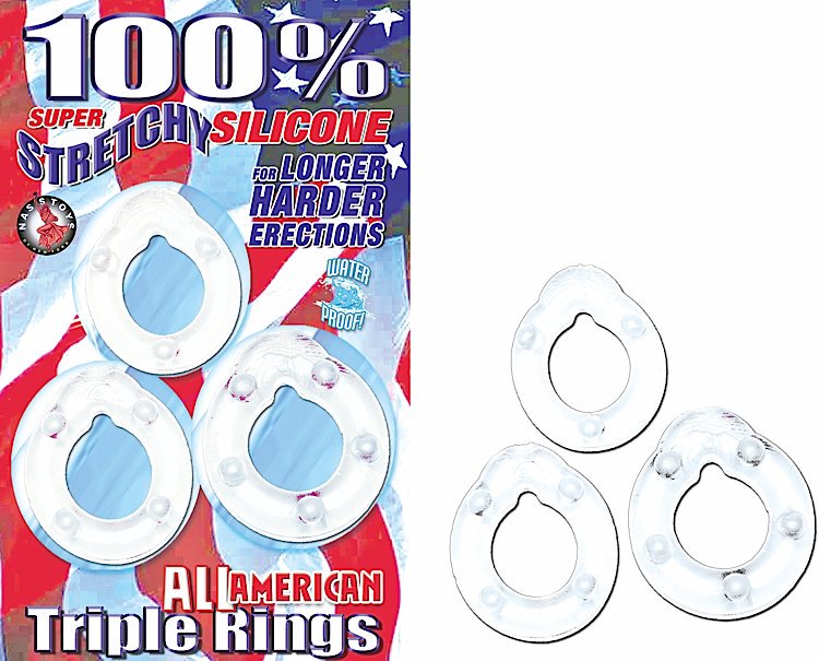 All American Triple Rings Clear from Nasstoys of New York. Be an All American penis with with this All American Triple Rings cock rings. A set of three 100% silicone cock rings of vary sizes that is designed for longer and harder erections. Use it all at