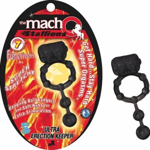Stay hard. Get hard. The Macho Stallions Vibrating Ultra Erection Keeper super stretchy enhancement ring for both couples. Super stretchy erection ring. Vibrating clitoral stim-u-nubs for her and a dangling ball bangers. For extra stimulation and super or