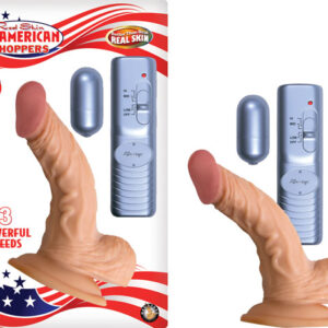 All American Whopper 5 inches Vibrating Beige Flesh Realistic vibrating dong. Realskin flexible vibrating curved dong with balls and suction cup base. 2 inches vibrating bullet included to use with dual jack. 3 speed dong and bullet. Made using phthalate