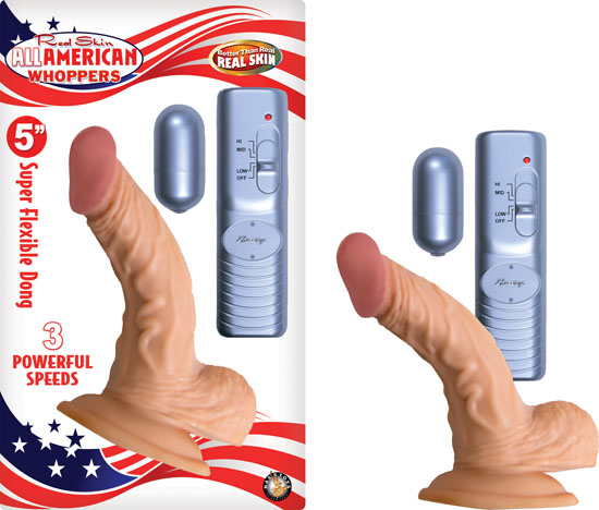 All American Whopper 5 inches Vibrating Beige Flesh Realistic vibrating dong. Realskin flexible vibrating curved dong with balls and suction cup base. 2 inches vibrating bullet included to use with dual jack. 3 speed dong and bullet. Made using phthalate