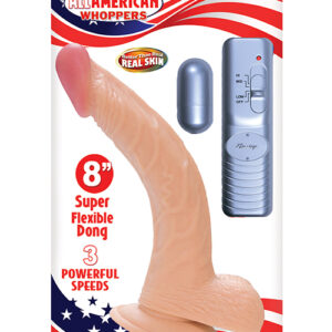 All American Whopper 8 inches Vibrating Flesh Beige Realistic vibrating dong. Realskin flexible vibrating curved dong with balls and suction cup base. 2 inches vibrating bullet included to use with dual jack. 3 speed dong and bullet. Made using body safe