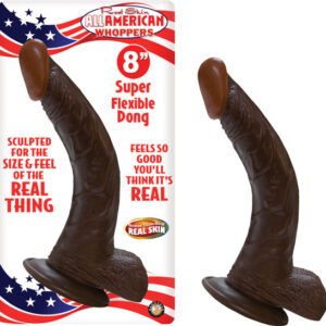 All American Whopper 8 inches Dildo with Balls Brown Realistic Realskin flexible curved dong with balls and suction cup base. Made using body safe