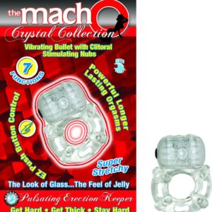 The Macho Crystal Pulsating Erection Keeper Ring Clear super stretchy vibrating sensation for both. The look of glass. The feel of jelly. Vibrating clitoral stimulating nubs. 7 functions. Easy to operate. Push button power control. Waterproof vibrations f