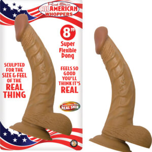 Latin American Whoppers 8 inches vibrating dong sculpted for the size feel and pleasure of the real thing. Super flexible dong. Real skin curved dong with with balls and suction cup base. Incredible suction for hands free pleasure. Harness compatible with