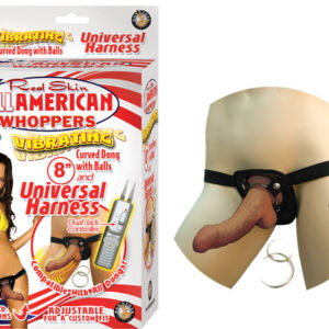 Latin All American Whopper 8 inches Vibrating Dong with Universal Harness Tan. Real skin 8 inches vibrating curved dong with balls. 3 powerful speeds. Suction cup base. Harness Fits any dong. Compatible with all Nasstoys Whoppers and Lifelikes. Adjustable