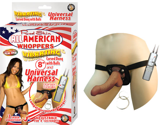 Latin All American Whopper 8 inches Vibrating Dong with Universal Harness Tan. Real skin 8 inches vibrating curved dong with balls. 3 powerful speeds. Suction cup base. Harness Fits any dong. Compatible with all Nasstoys Whoppers and Lifelikes. Adjustable