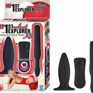 My 1st Anal Explorer Vibrating Butt Plug and Pleaser Black Kit. Vibrating butt plug and pleaser kit features dual 10 function vibration. Waterproof vibrations for play outside the bedroom. Phthalates free