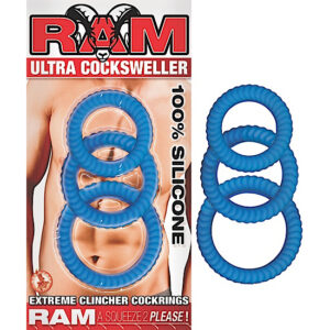 Ram Ultra Cock Swellers Blue made from 100% Silicone. Extreme clincher cock rings. 3 Easy fit sizes. Waterproof. Phthalates free. Sizes: small 1.5 inches