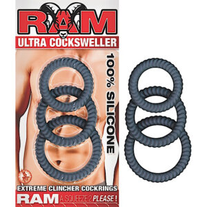 Ram Ultra Cock Swellers Black made from 100% Silicone. Extreme clincher cock rings.    3 Easy fit sizes. Waterproof. Phthalates free. Sizes: small 1.5 inches