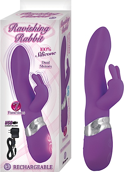 Nasstoys of New York Ravishing Rabbit Purple Vibrator. 100% Silicone vibrator. 7 functions. Dual motors. USB charger included. Waterproof vibrations. Body safe Phthalates free
