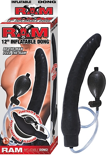 Nasstoys of New York Ram 12 inches Inflatable Dong Black. Penetrates deep and expands. Be the man feel the ram/ E-Z squeeze bulb. Expands 3 times its size. Safety release valve. Waterproof for play outside the bedroom. Made using Phthalates free material