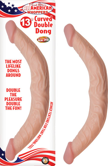 All American Whopper 13 inches Curved Double Dong is made using Better than Realskin. Two smooth heads for easy entry. Veined texture for that real feel. Waterproof