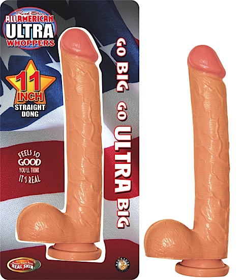 All American Ultra Whopper 11 inches Straight Dildo. Features: Better-than-Realskin. Suction cup base. Harness compatible. Veined texture for that real feel. Waterproof