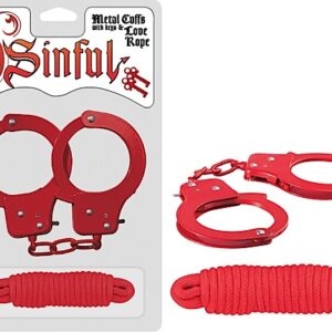 Sinful Metal Cuffs with Love Rope Red from Nasstoys of New York. Features: metal handcuffs with release keys. Soft Rope. Phthalate free materials: handcuffs iron
