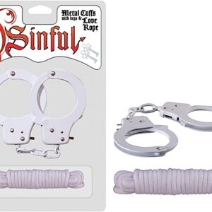 Sinful Metal Cuffs with Love Rope White from Nasstoys of New York. Features: metal handcuffs with release keys. Soft Rope. Phthalate free materials: handcuffs iron