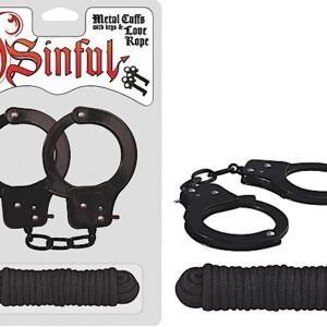 Sinful Metal Cuffs with Love Rope Black from Nasstoys of New York. Features: metal handcuffs with release keys. Soft Rope. Phthalate free materials: handcuffs iron