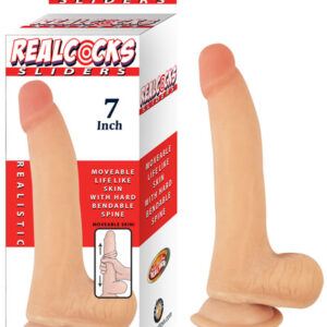 Realcocks Sliders 7 inches Flesh Beige Dildo from Nasstoys of New York. Features move able life like skin with hard bendable spine. Veined texture for added sensation. Harness compatible suction cup base. Better than real real skin. Waterproof