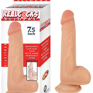 Realcocks Sliders 7.5 inches Flesh Beige Dildo from Nasstoys of New York. Features move able life like skin with hard bendable spine. Veined texture for added sensation. Harness compatible suction cup base. Better than real real skin. Waterproof