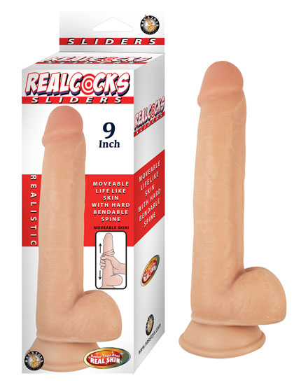 Realcocks Sliders 9 inches Flesh Beige Dildo from Nasstoys of New York. Features move able life like skin with hard bendable spine. Veined texture for added sensation. Harness compatible suction cup base. Better than real real skin. Waterproof