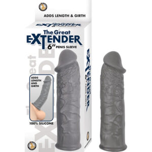 The Great Extender 6 inches Penis Sleeve Gray from Nasstoys. Adds length and girth. Flexible material with realistic veined texture. Waterproof. Phthalates free. Material 100% hygienic Silicone. Dimensions length 6 inches.