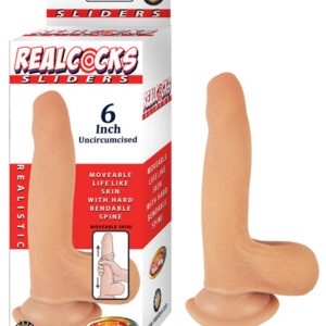Realcocks Sliders 6 inches Flesh Beige Uncircumcised Dildo Beige from Nasstoys of New York. Movable life like skin with hard bendable spine. Veined texture for added sensation. Harness compatible suction cup base. Better than real real skin. Waterproof