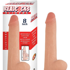 Realcocks Sliders 8 inches Flesh Beige Dildo from Nasstoys of New York. Moveable life like skin with hard bendable spine. Veined texture for added sensation. Harness compatible suction cup base. Better than real real skin. Waterproof