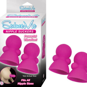 Seduce Me Nipple Suckers Pink from Nasstoys of New York. Fits all nipple sizes. Hands free nipple teasing. Powerful vibration. Squeeze bulb
