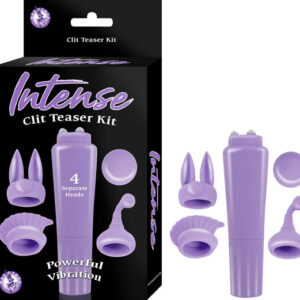 Intense Clitoral Teaser Kit Purple from Nasstoys of New York. Powerful vibration from a pocket rocket style massager. Comes with 4 different attachments. Discreetly quiet operation. Battery powered. Phthalates free