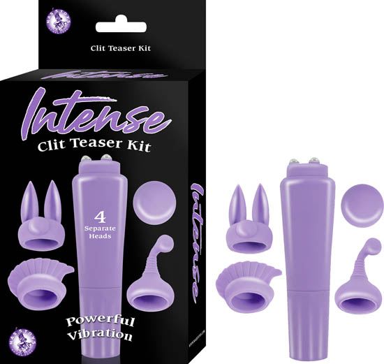 Intense Clitoral Teaser Kit Purple from Nasstoys of New York. Powerful vibration from a pocket rocket style massager. Comes with 4 different attachments. Discreetly quiet operation. Battery powered. Phthalates free