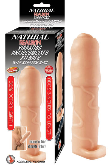 Natural Realskin Vibrating Uncircumcised Xtender with Scrotum Ring Beige from Nasstoys of New York. Features better than real realskin. Vibrating on top. Adds 3 inches to length. Removable bullet vibrator. RoHS compliant. Phthalates free. Waterproof vibra
