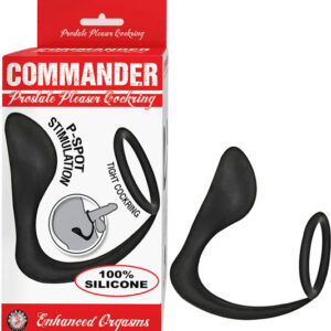 Commander Prostate Please Cock Ring Black from Nasstoys of New York. P-Spot stimulator for men. Soft for easy entry. Tight cock ring for harder erections. Made using body safe phthalate free materials 100% Silicone.. Waterproof not a vibrating sex toy. Si