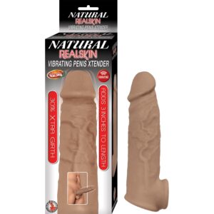 Natural Realskin Vibrating Penis Xtender Brown from Nasstoys of New York. Adds 3 inches to length. 30% Xtra girth. Vibrating. Better than Real Realskin. Waterproof vibrations. Phthalates free