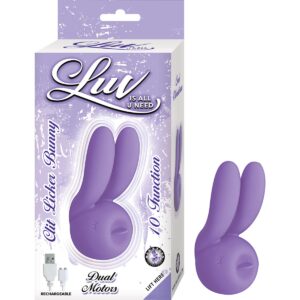 (WD) Luv Clit Licker Bunny Purple Vibrator from Nasstoys. Vibrator features dual motors. 10 functions. Made using body safe Silicone. Waterproof vibrations. Phthalates free