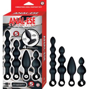 Anal Ese Collection Vibrating Anal Fantasy Kit Black from Nasstoys of New York. 5 vibrations speeds and 5 functions. 4 unique attachments. Body safe silicone. Waterproof vibrations. Phthalates free