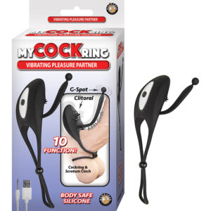 My Cock Ring Vibrating Pleasure Partner from Nasstoys of New York. 10 function vibrating cock ring. The ultimate partner pleaser. Adds girth. Cock Ring and scrotum cinch. Body safe silicone.