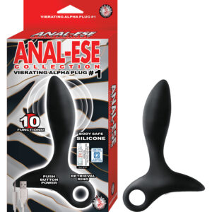 Anal Ese Collection Vibrating Alpha Plug #1 from Nasstoys of New York. Butt plug features: 10 functions. Body safe silicone. Push button power. Retrieval ring. RoHS compliant