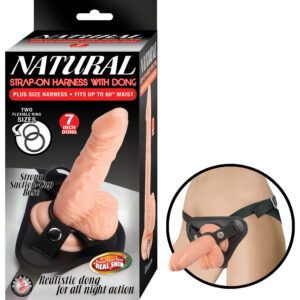 Natural Strap On Harness with Dong from Nasstoys of New York. 7 inches dong. Two flexible ring sizes. Strong suction cup base. Better than real real skin. Waterproof