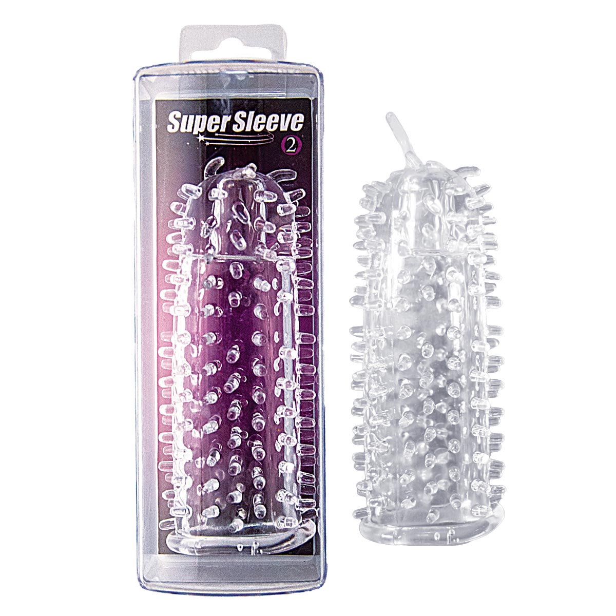 Super Sleeve 2 Clear from Nasstoys of New York. Add both girth and length instantly. Last longer. Extra stimulation and pleasure. Waterproof non-vibrating penis sleeve. Phthalates free body safe material Thermoplastic Elastomers TPE. Size length 4.5 inche