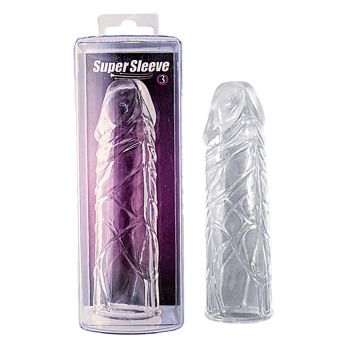 Super Sleeve 3 Clear from Nasstoys of New York. Add both girth and length instantly. Last longer. Extra stimulation and pleasure. Waterproof non-vibrating penis sleeve. Phthalates free body safe material Thermoplastic Elastomers TPE. Size length 5.25 inch