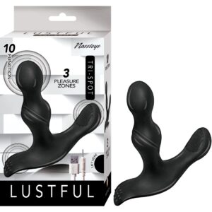 Lustful Tri-Spot Black Vibrator from Nasstoys of New York features 3 pleasure zones. 10 erotic functions. Easy push button control. Body safe silicone. Waterproof vibrations. Phthalates free