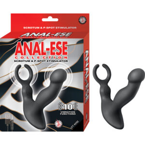 Anal Ese Collectiion Scrotum and P-Spot Stimulator Black from Nasstoys of New York. 10 vibration functions. Body safe silicone. Waterproof vibrations. Phthalates free RoHS compliant materials Silicone shaft