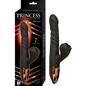 Princess Heat Up Spinning Thruster Black Rabbit style vibrator from Nasstoys. Features: 7 function. 2 motors. Heats up. Thrusting action. Spinning tickler wheel. Rotating action. Body safe silicone. Waterproof vibrations. Phthalates free