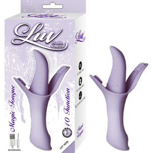 Luv Magic Tongue Vibrator Lavender from Nasstoys of New York. Features 10 functions. Body safe Silicone. Waterproof vibration. Phthalates free RoHS compliant materials. Materials Silicone and ABS Plastic. Size length 4 inches. Rechargeable vibrator. Charg