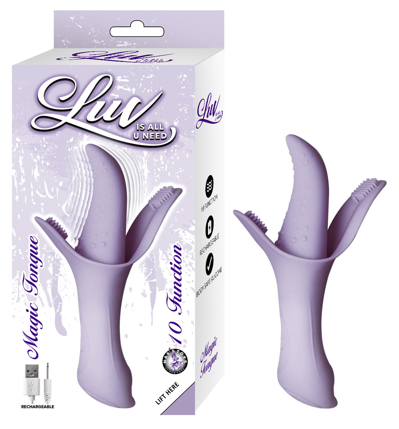 Luv Magic Tongue Vibrator Lavender from Nasstoys of New York. Features 10 functions. Body safe Silicone. Waterproof vibration. Phthalates free RoHS compliant materials. Materials Silicone and ABS Plastic. Size length 4 inches. Rechargeable vibrator. Charg