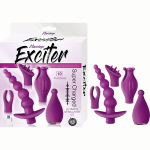 Exciter Ultimate Stimulator Kit Purple from Nasstoys of New York. Super Charged 10 functions of vibration. 4 interchangeable sleeves. Waterproof vibrations. Phthalates free