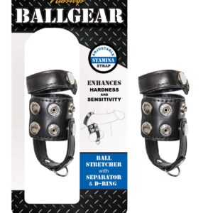 Ballgear Ball Stretcher with Separator and D-Ring Black from Nasstoys of New York. Ballgear Ball Stretcher with Separator and D-Ring features vegan faux leather and durable